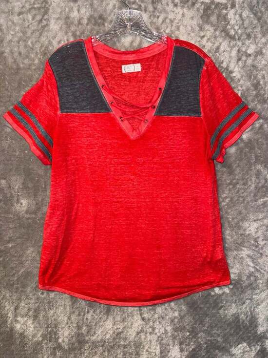 Maurices Tops - Maurices 24/7 Lace-Up V-Neck T-Shirt Red Gray Striped Sleeve XL